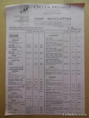 tarif des bicyclettes peugeot janvier 1977