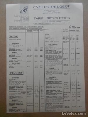 Tarif des bicyclettes peugeot 1976
